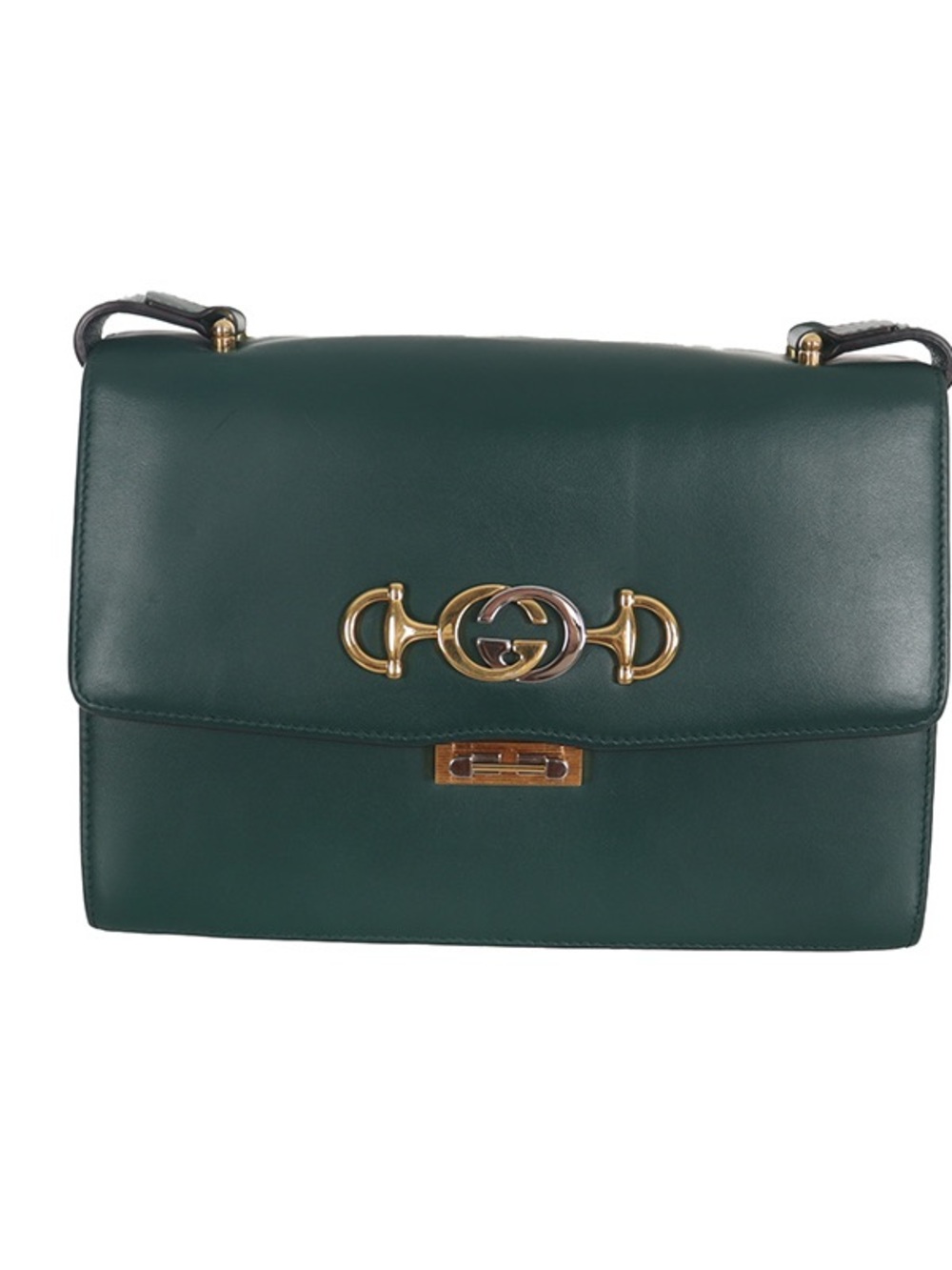Gucci Zumi Logo Dark Green Leather Shoulder Bag with Gold Hardware